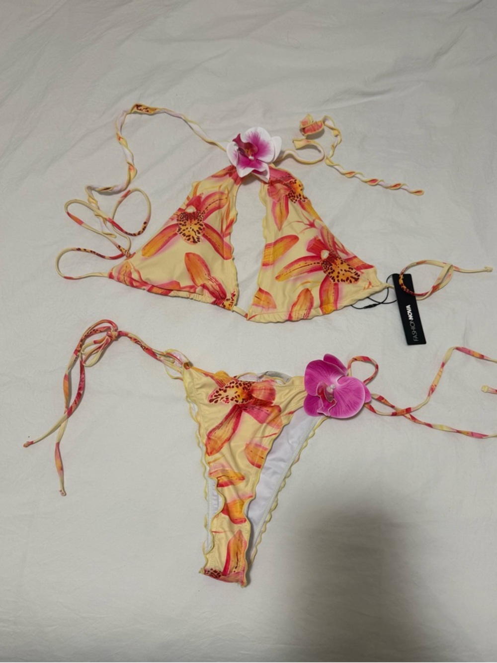 Fashion Nova Yellow Bikini Set with Pink and Orange Floral Accents